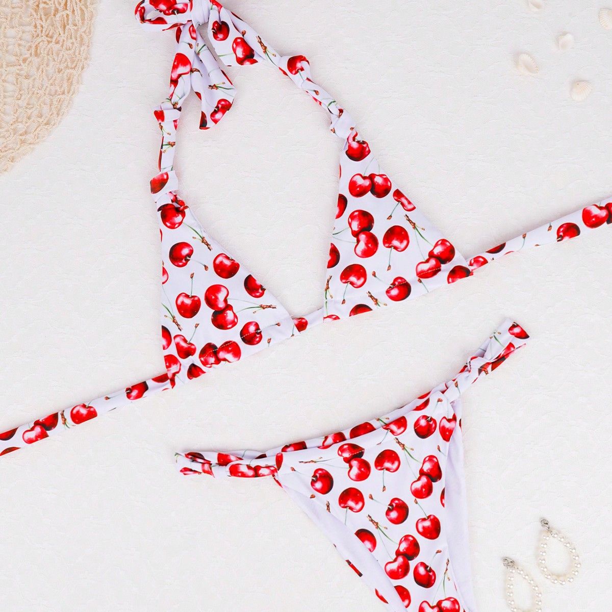 Wholesale Cherry print swimsuit double strap triangle bag swimsuit two piece set